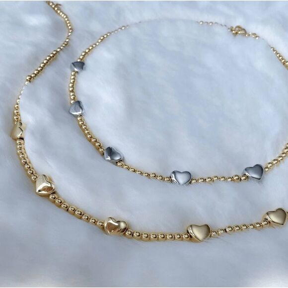 Gold Beaded Puffed Heart Saturn Necklace Choker - Picture 2 of 6